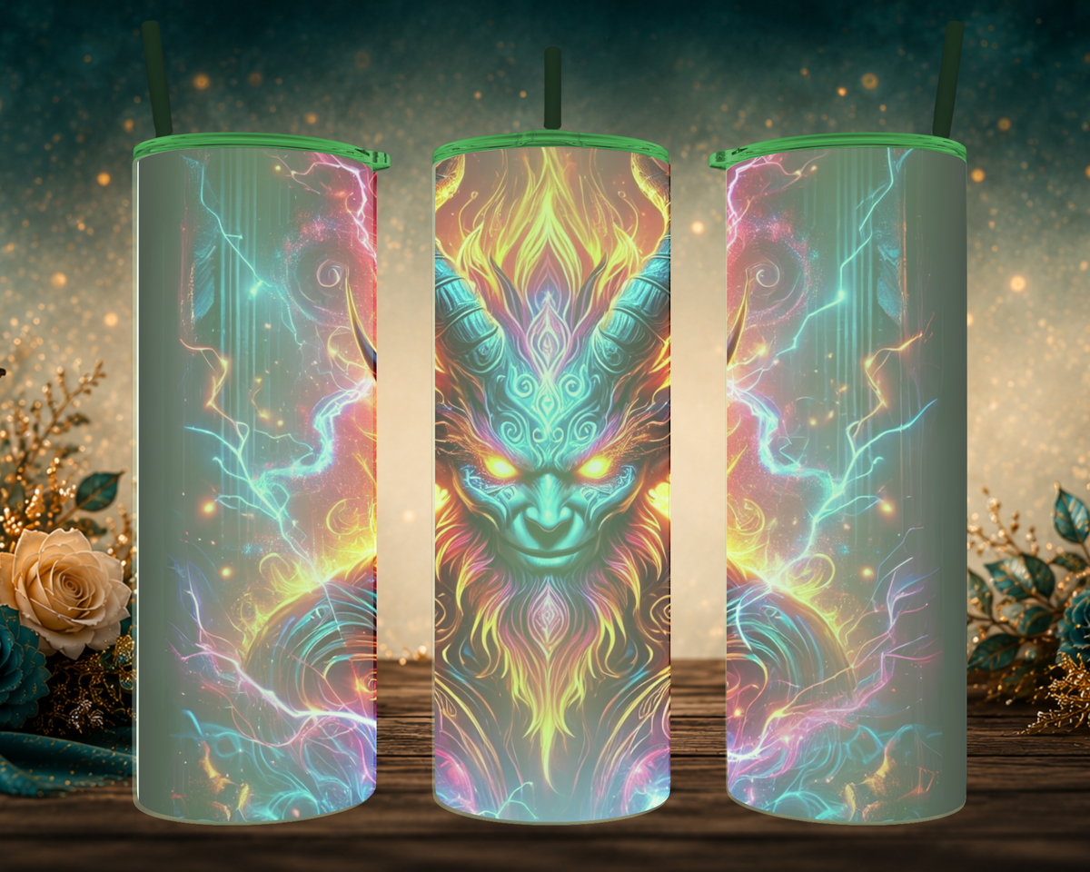 Three views of the Hellfire King 20 oz tumbler demonstrating its green or blue glow-in-the-dark effect