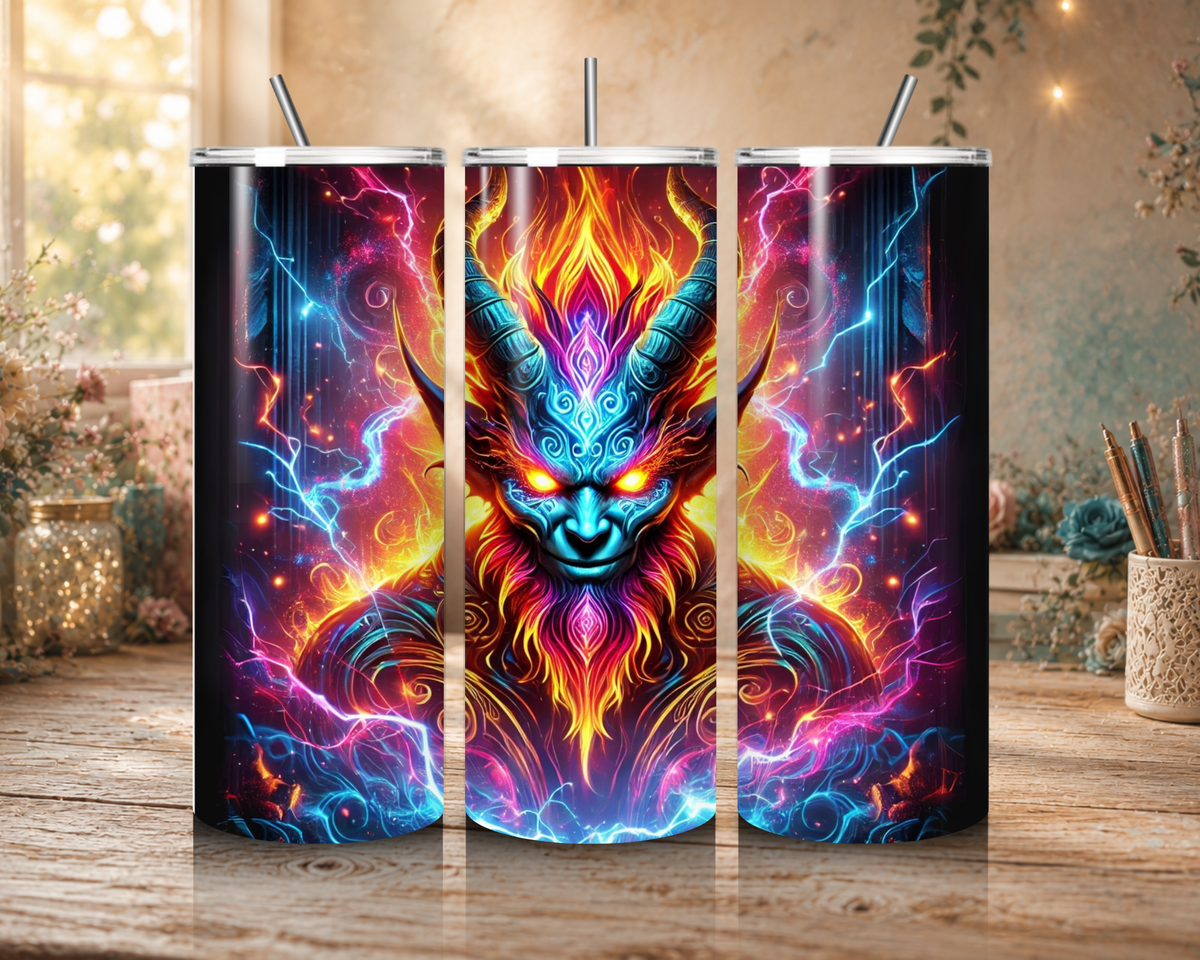 Hellfire King 20 oz tumbler showing the standard non-glow finish and daytime appearance of the glow-in-the-dark option