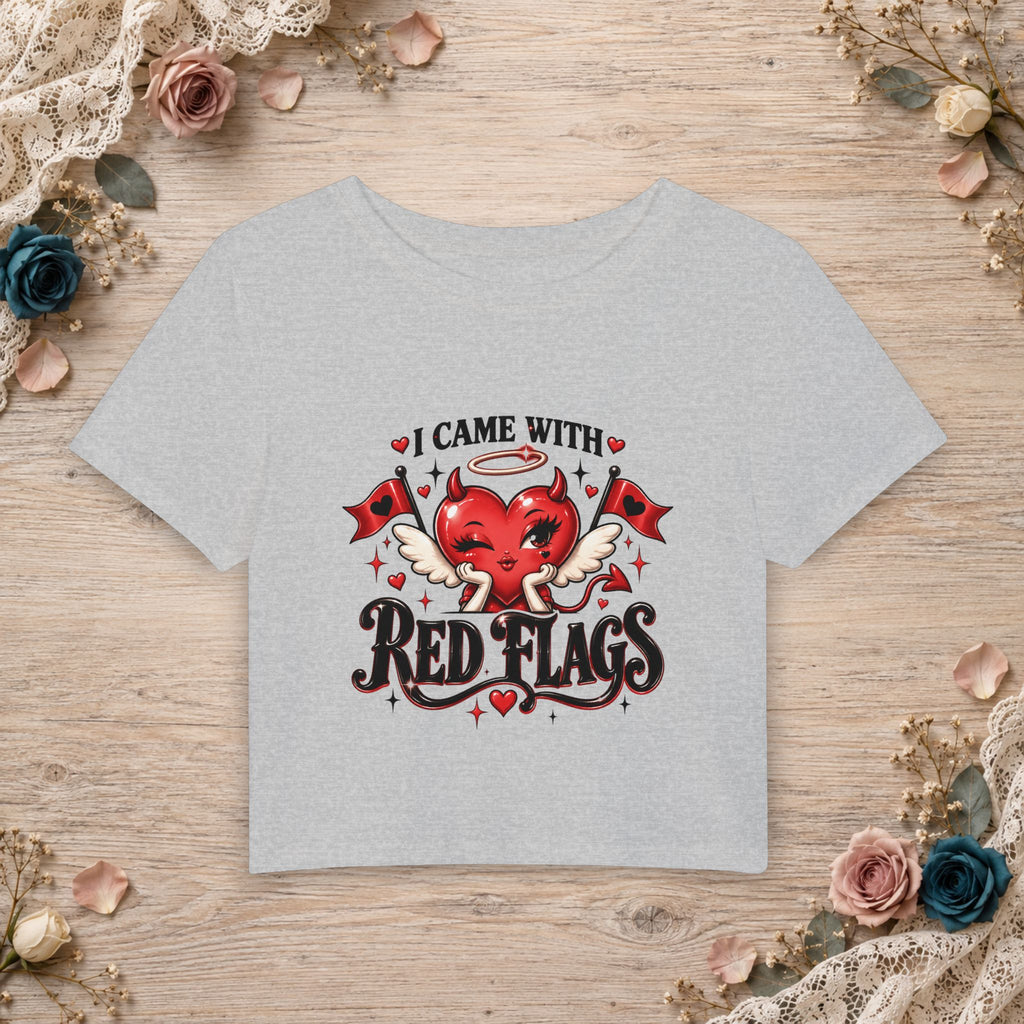 Athletic Heather women’s micro baby tee with I Came With Red Flags heart artwork