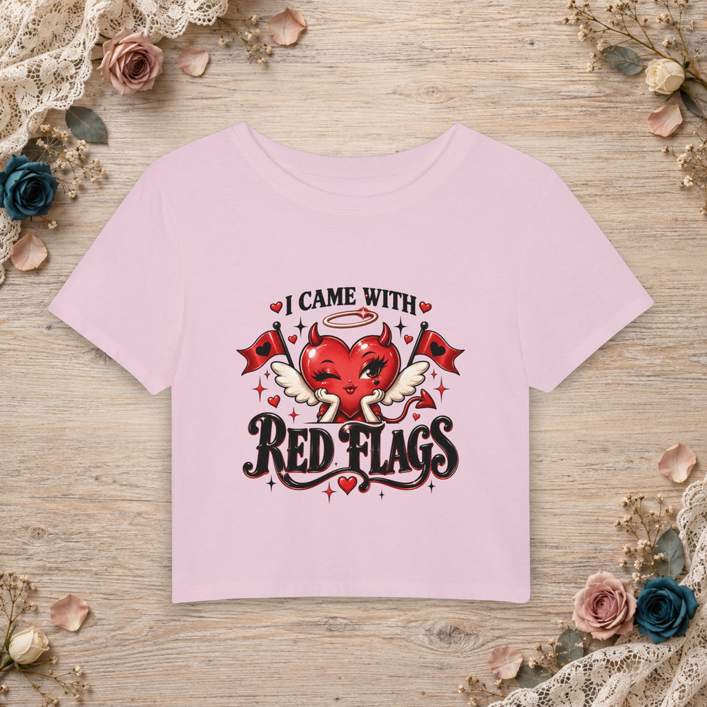 Cherry Blossom women’s micro baby tee with I Came With Red Flags heart artwork