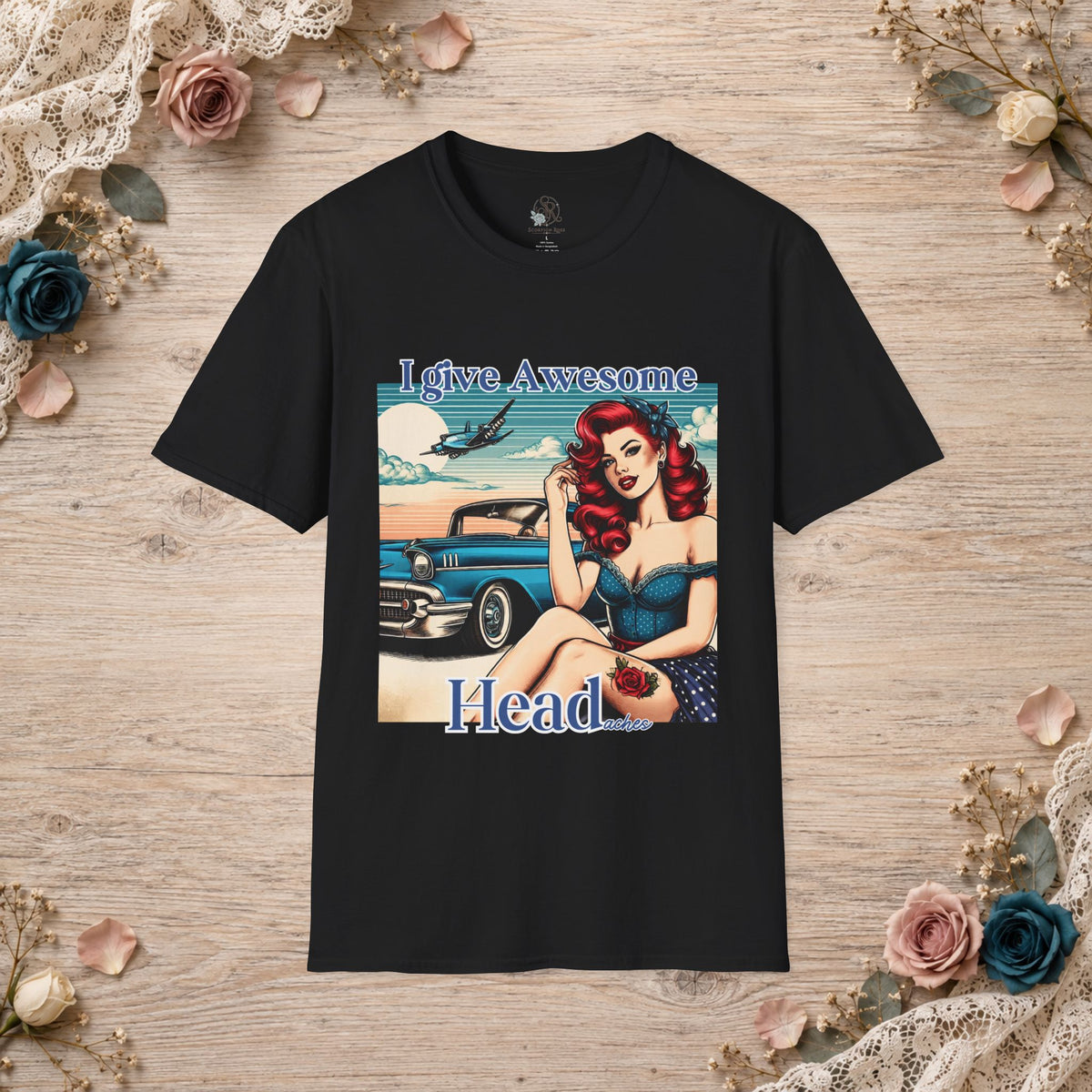 Black I Give Awesome Headaches T-shirt with a redheaded pin-up and vintage car