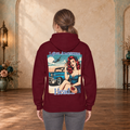 Female model wearing a Maroon I Give Awesome Headaches hoodie featuring retro pin-up artwork on the back