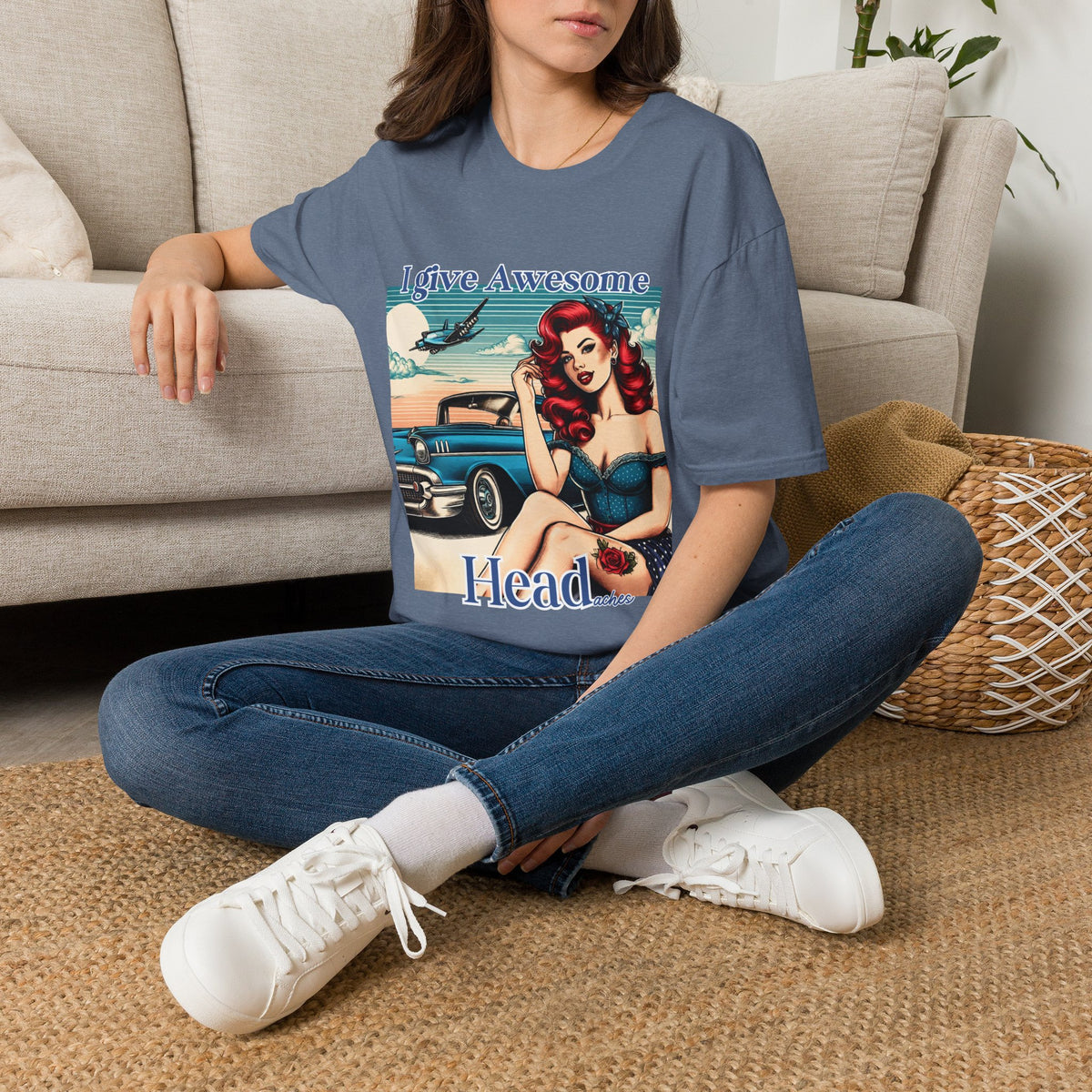 Woman wearing a Sport Grey I Give Awesome Headaches vintage pin-up T-shirt