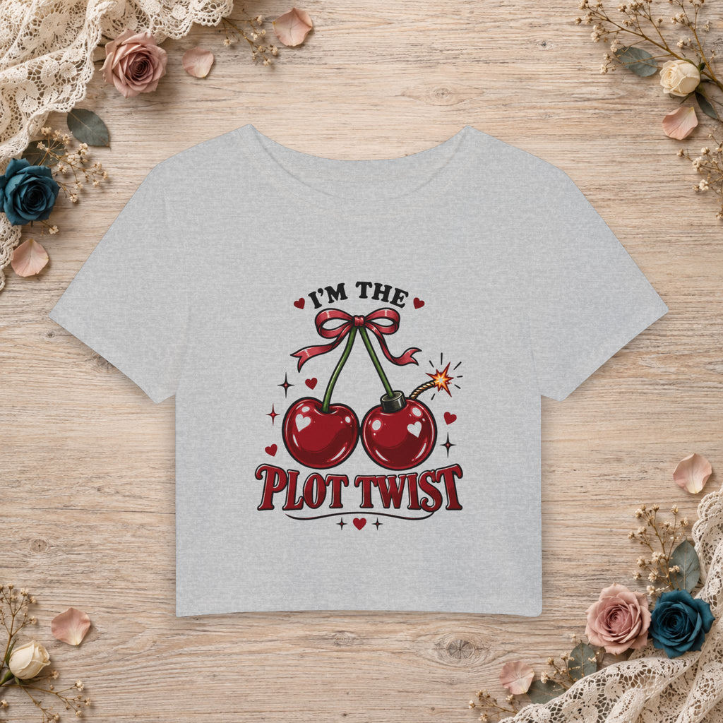 Athletic Heather women’s micro baby tee with I’m the Plot Twist cherry artwork