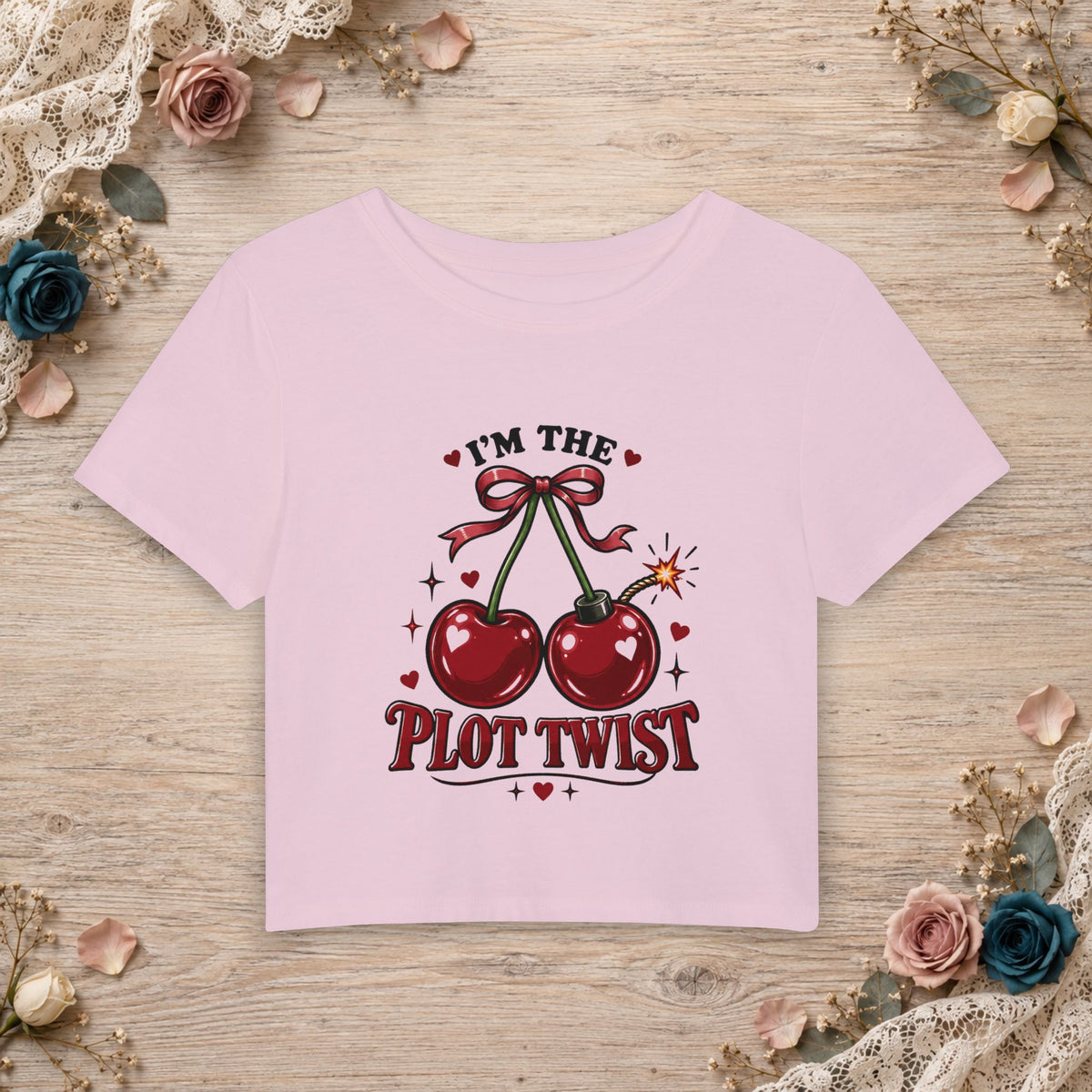 Cherry Blossom women’s micro baby tee with I’m the Plot Twist cherry artwork
