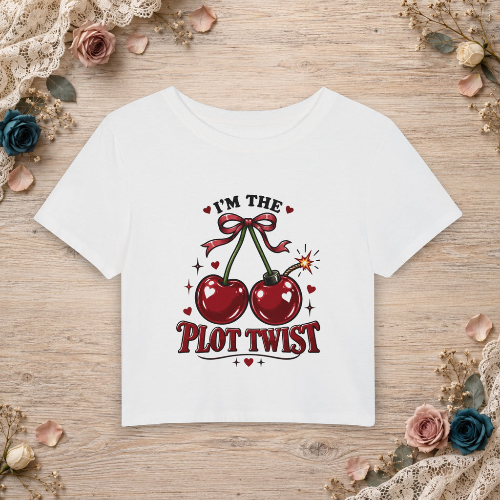 White Cloud Dancer women’s micro baby tee with I’m the Plot Twist cherry artwork