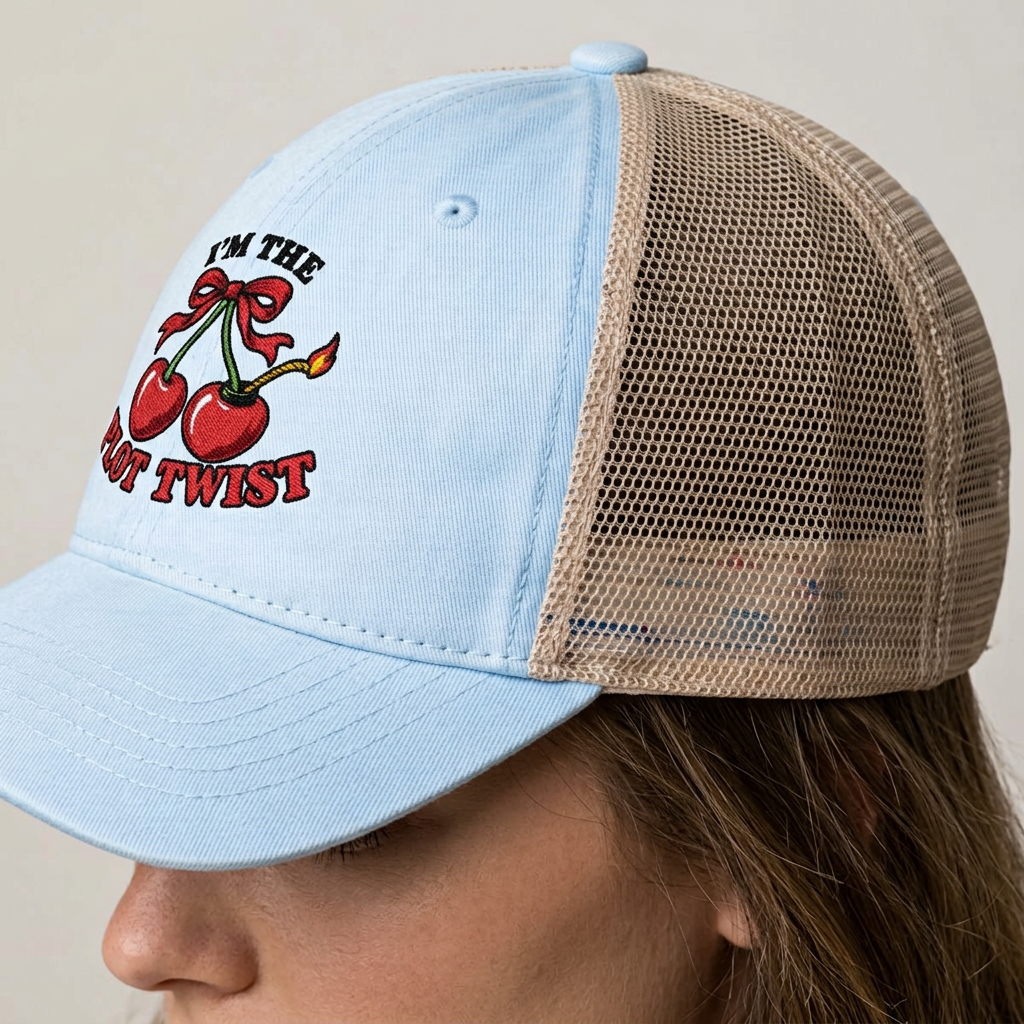 Woman wearing a cashmere blue mesh-back hat embroidered with an I’m the Plot Twist cherry bomb design.