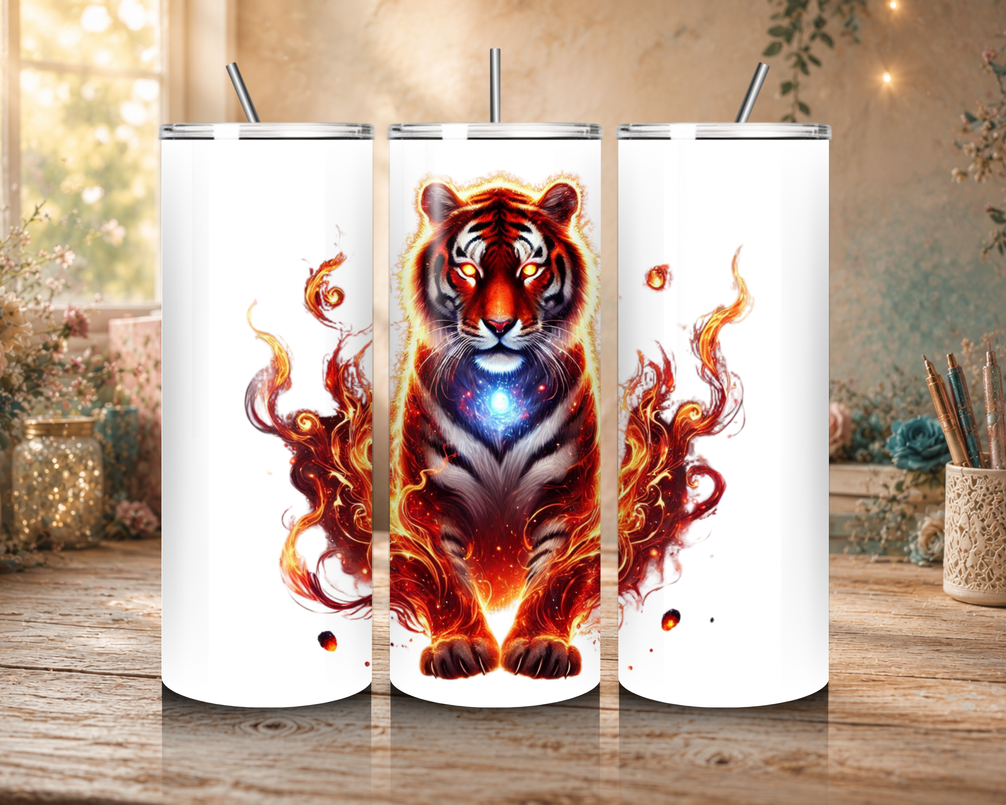 Inferno Guardian 20 oz tumbler design featuring a powerful tiger with glowing eyes, swirling flames, and luminous blue celestial energy.
