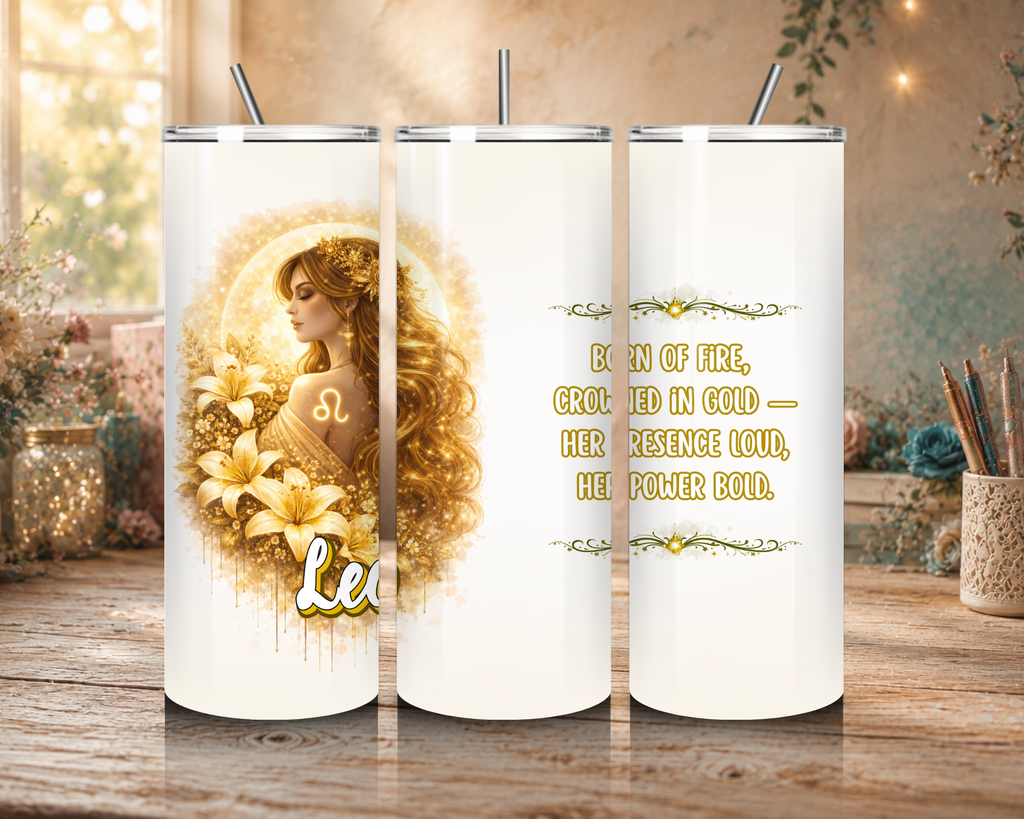 Leo Goddess 20 oz tumbler featuring a golden celestial goddess, lilies, glowing sun, Leo symbol, and zodiac affirmation.