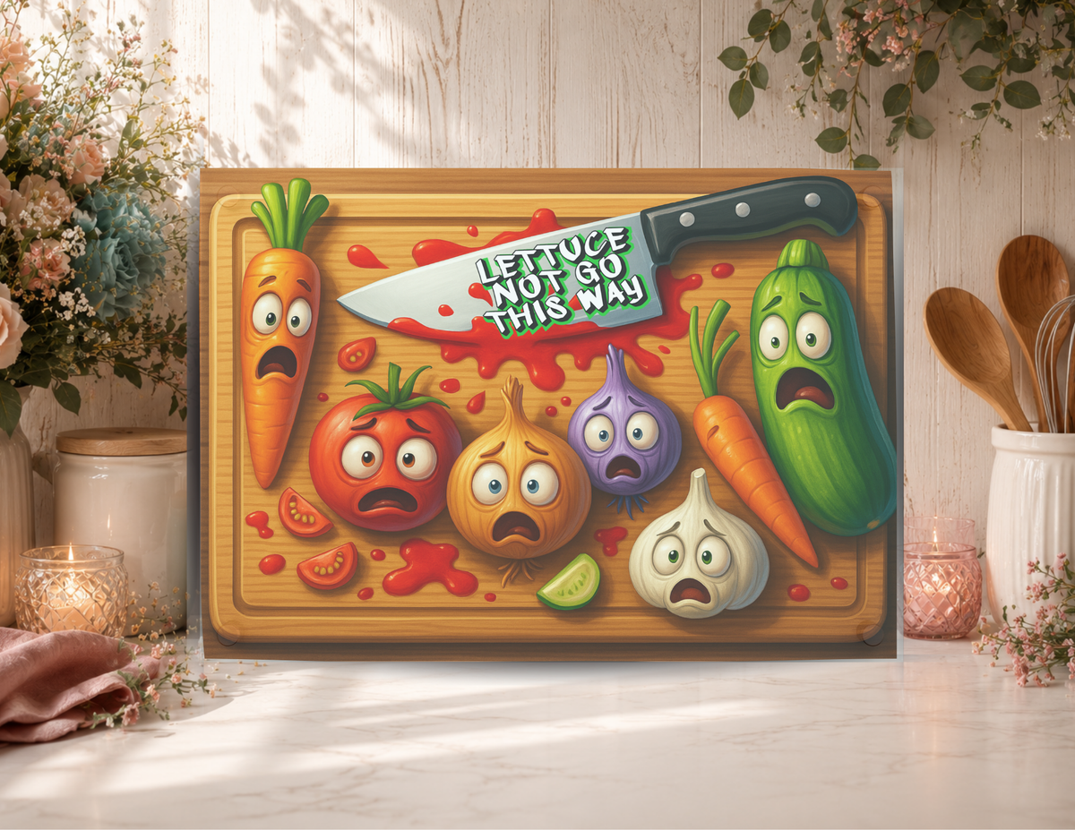 Lettuce Not Go This Way funny glass cutting board featuring frightened cartoon vegetables and a chef knife