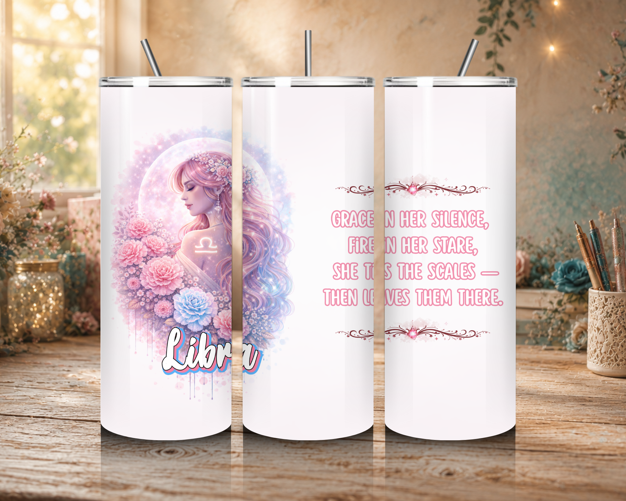 Libra Goddess 20 oz tumbler featuring a celestial pink-haired goddess, pastel flowers, crescent moon, Libra symbol, and zodiac affirmation.