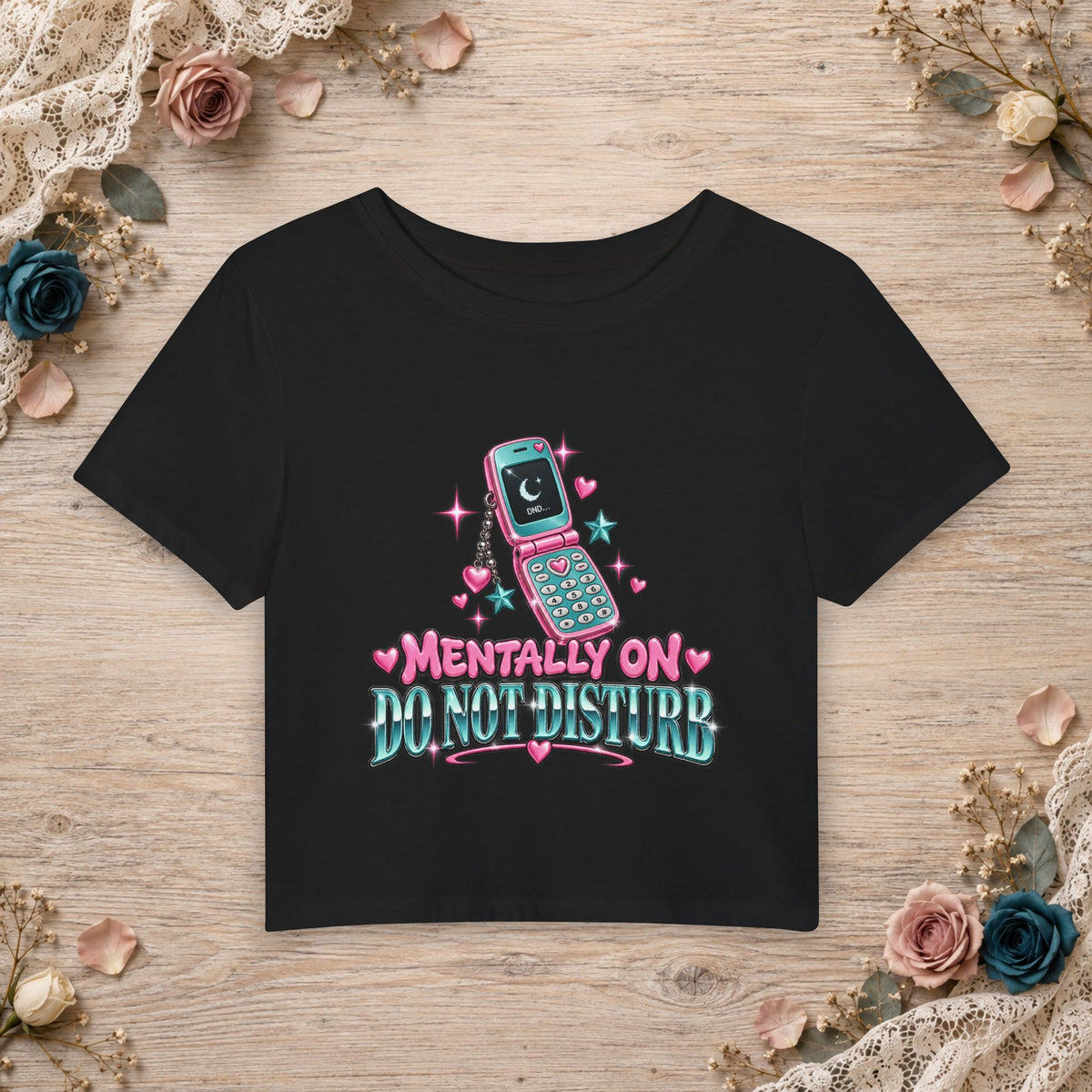 Black Caviar women’s micro baby tee with Mentally on Do Not Disturb flip phone artwork