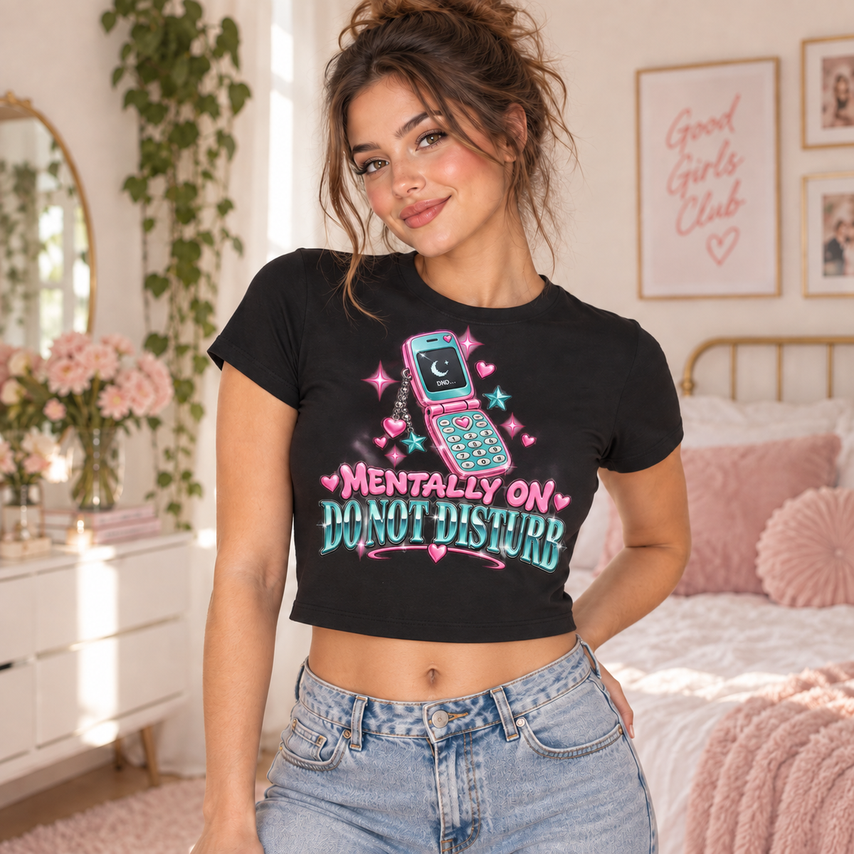 Woman wearing a black Caviar Mentally on Do Not Disturb cropped micro baby tee