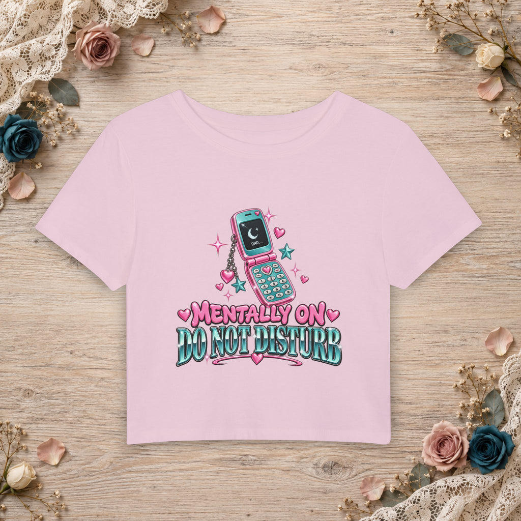 Cherry Blossom women’s micro baby tee with Mentally on Do Not Disturb flip phone artwork