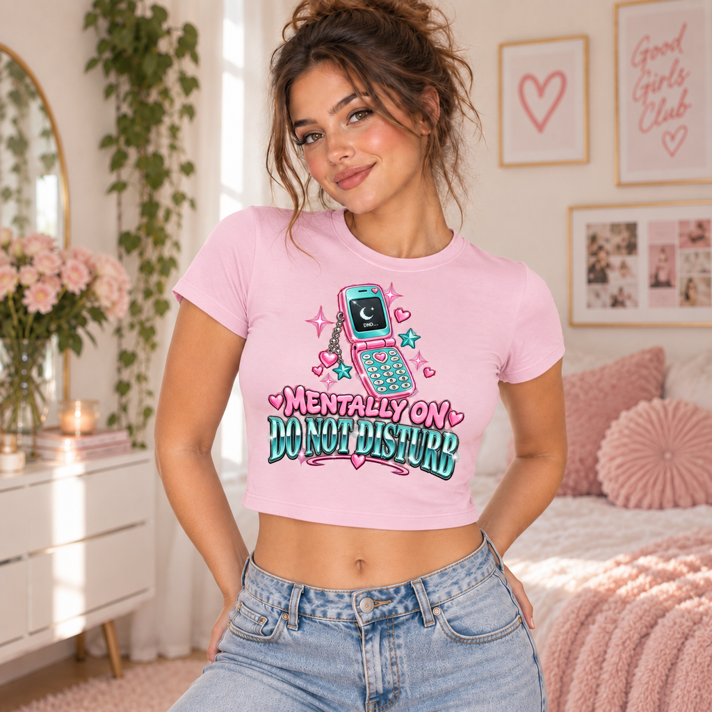 Woman wearing a Cherry Blossom Mentally on Do Not Disturb cropped micro baby tee