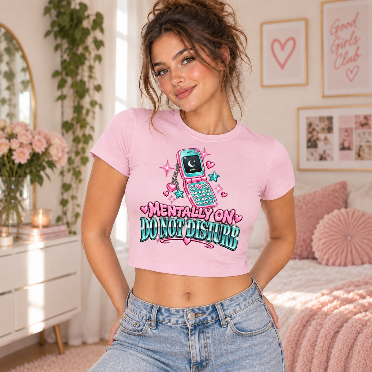 Woman wearing a Cherry Blossom Mentally on Do Not Disturb cropped micro baby tee