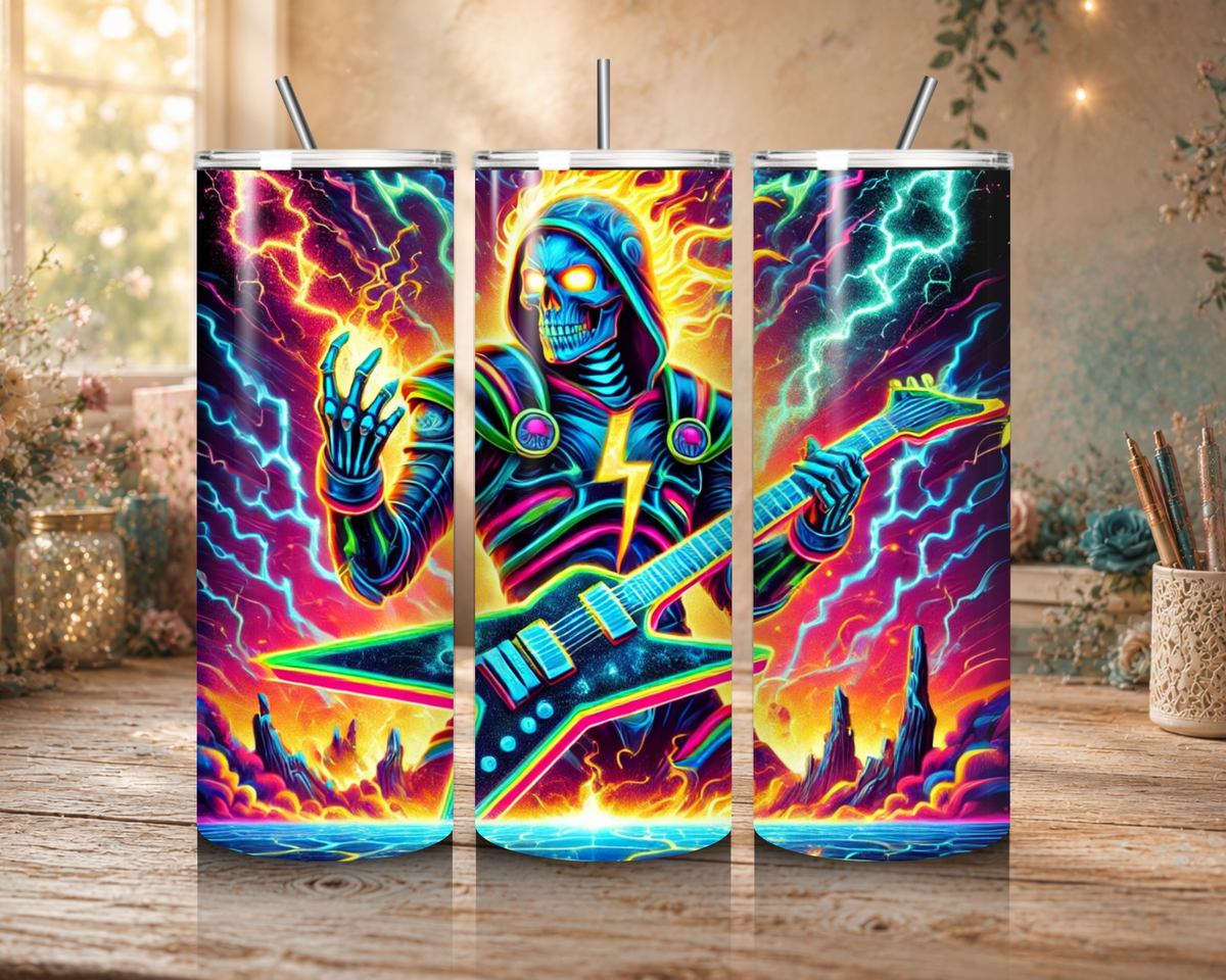 Metal Mayhem 20 oz stainless steel tumbler with neon guitarist, lightning and full-wrap artwork