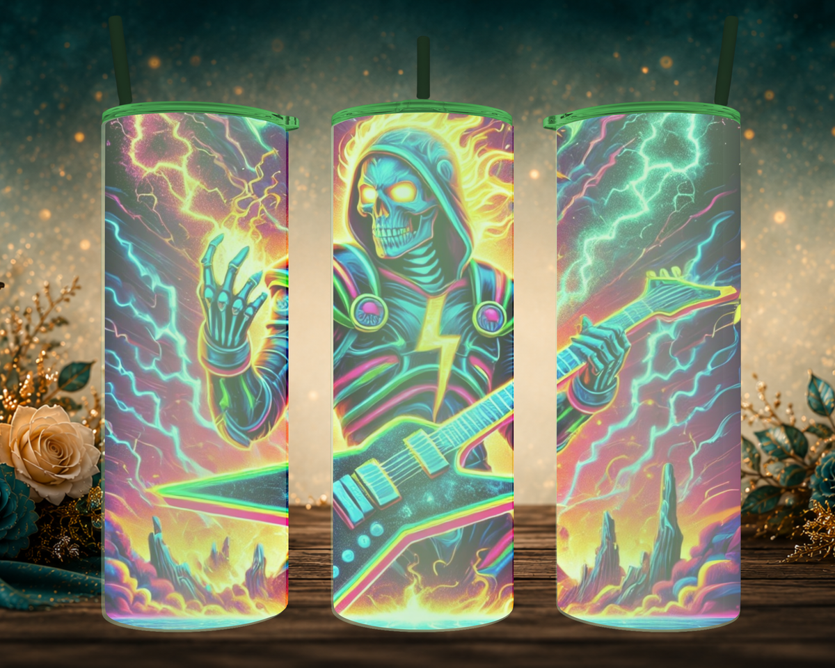 Metal Mayhem 20 oz tumbler glowing green or blue in darkness after exposure to light