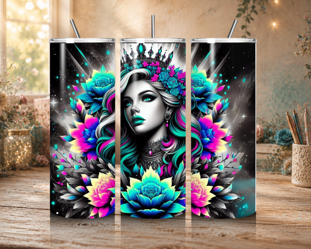 Neon Sovereign 20 oz tumbler design featuring a crowned woman surrounded by vivid teal, pink, blue, and yellow lotus flowers against a black celestial background.