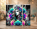 Neon Sovereign 20 oz tumbler design featuring a crowned woman surrounded by vivid teal, pink, blue, and yellow lotus flowers against a black celestial background.