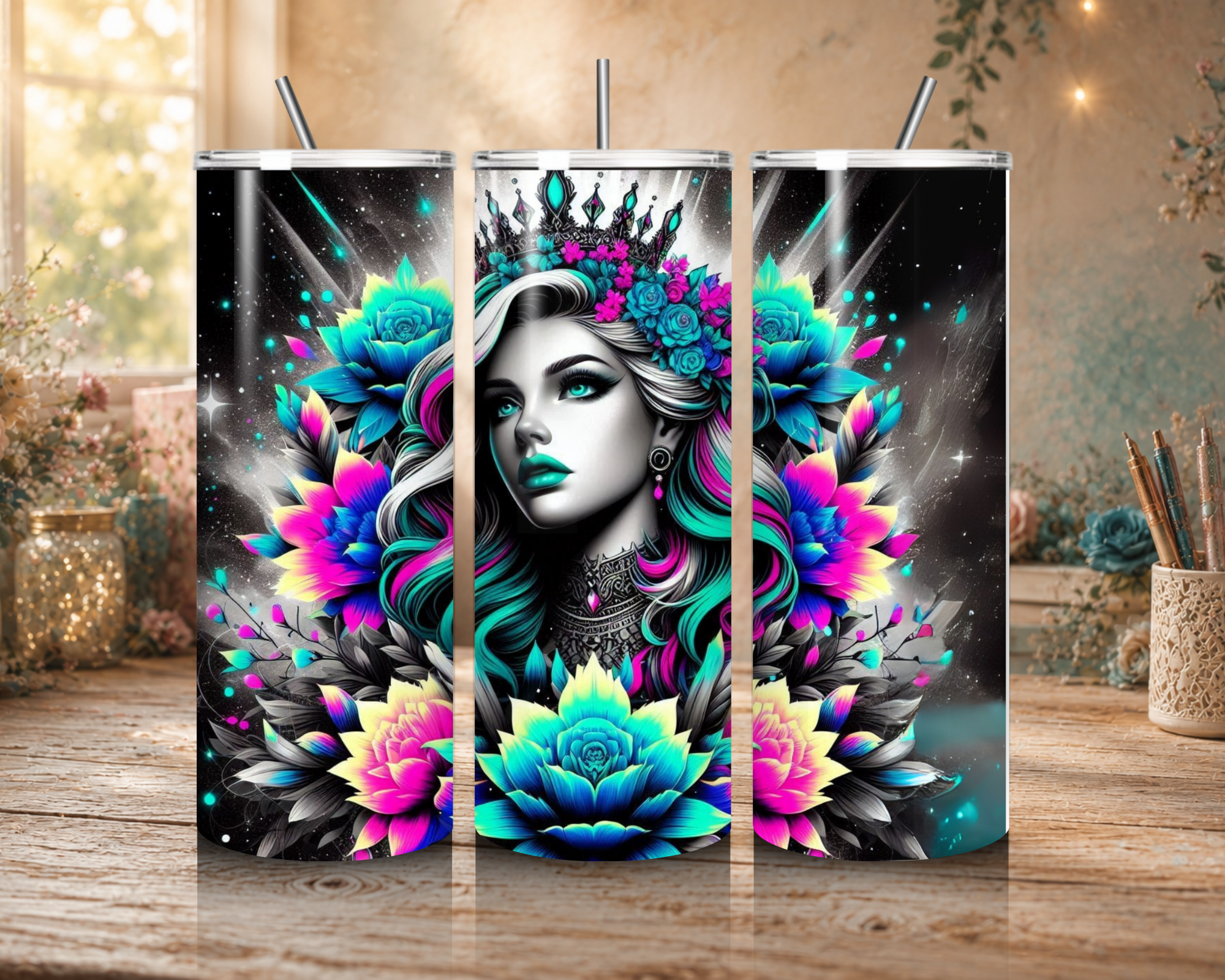 Neon Sovereign 20 oz tumbler design featuring a crowned woman surrounded by vivid teal, pink, blue, and yellow lotus flowers against a black celestial background.