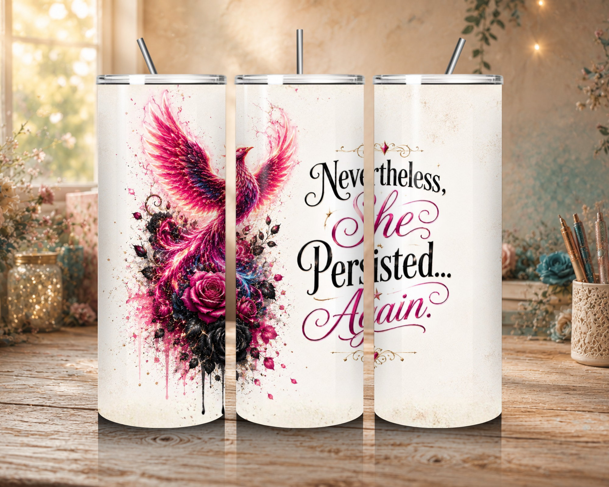 Nevertheless She Persisted 20 oz tumbler design featuring a crimson phoenix, red and black roses, artistic splashes, and an inspirational quote.