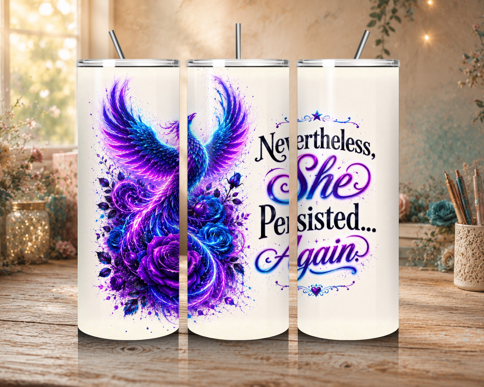 Nevertheless She Persisted 20 oz tumbler design featuring a blue and purple phoenix, purple roses, celestial accents, and an inspirational quote.