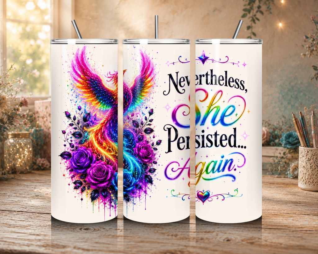Nevertheless She Persisted 20 oz tumbler design featuring a rainbow phoenix, purple roses, colorful accents, and an inspirational quote.