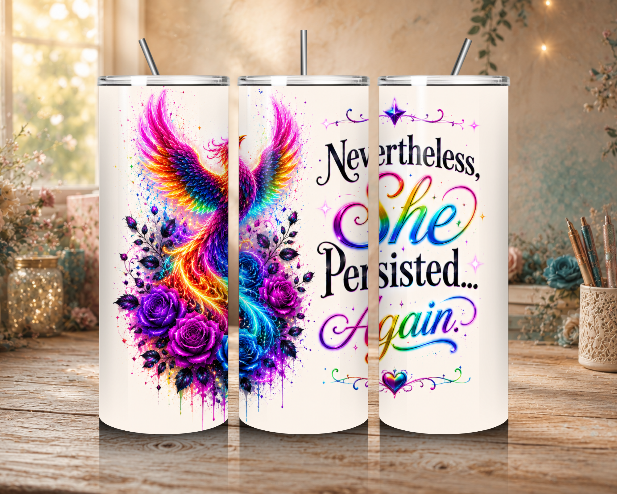 Nevertheless She Persisted 20 oz tumbler design featuring a rainbow phoenix, purple roses, colorful accents, and an inspirational quote.