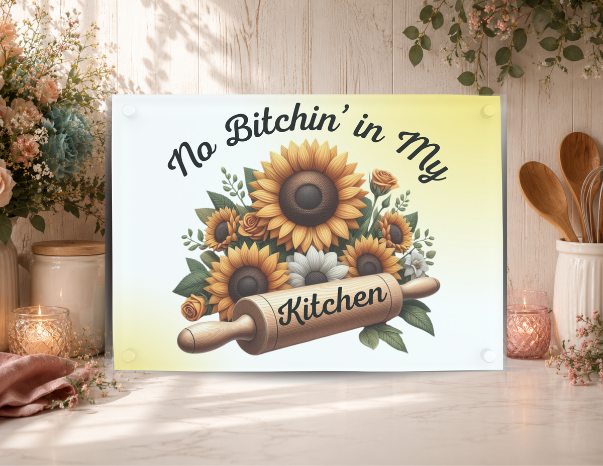 No Bitchin’ in My Kitchen funny glass cutting board featuring sunflowers and a wooden rolling pin