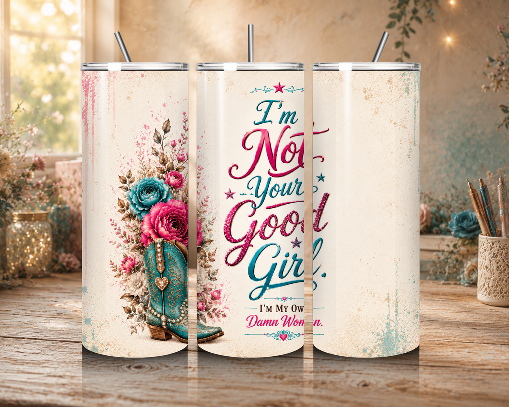 Not Your Good Girl 20 oz tumbler featuring turquoise cowgirl boots, pink and teal flowers, and the quote “I’m My Own Damn Woman.”