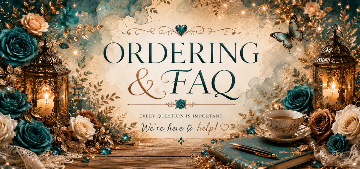 Scorpion Rose Designs ordering and FAQ banner for help with personalized gifts, custom orders, shipping, returns, and customer questions.
