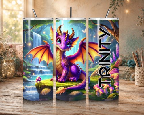  personalized Purple and gold amethyst dragon in an enchanted forest with waterfalls, glowing lanterns and colorful mushrooms on a 20 oz tumbler design.