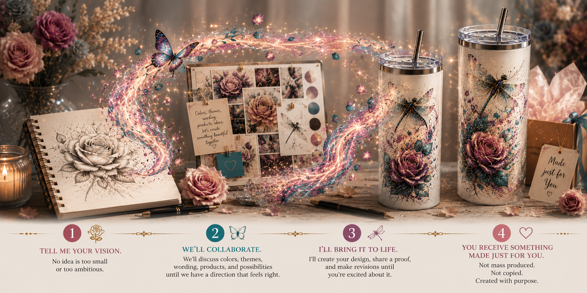 Four-step personalized gift process from sharing your vision and collaborating on the design to revisions and receiving a meaningful custom creation.