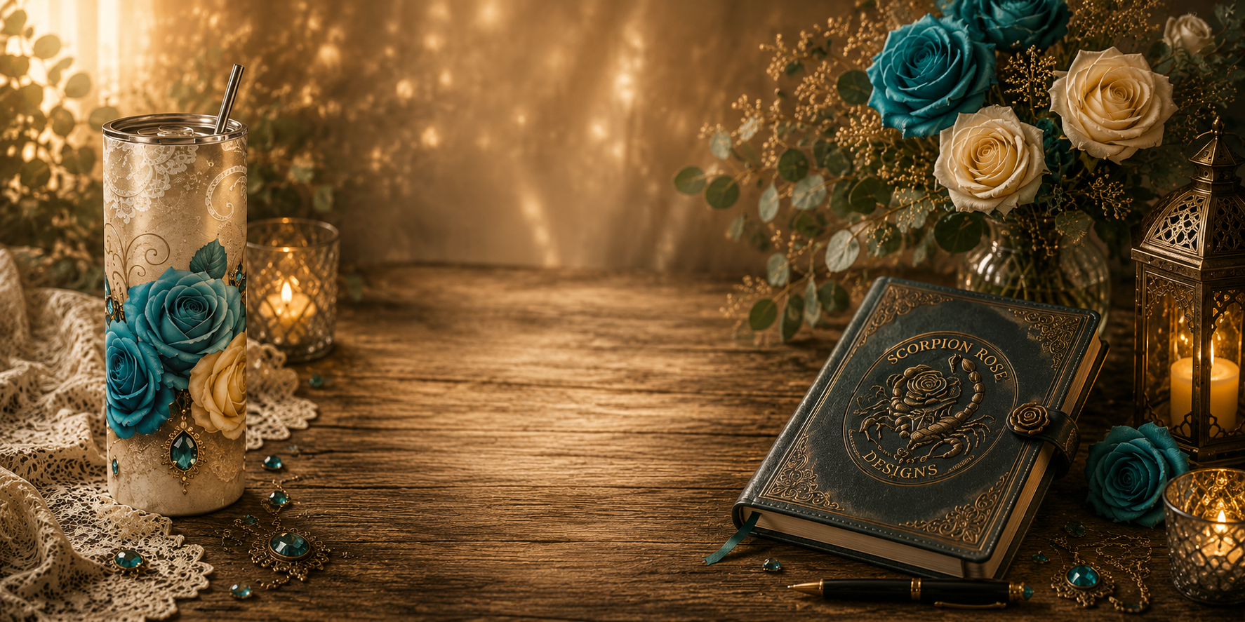 Personalized tumbler and custom journal displayed with teal roses and elegant gold accents by Scorpion Rose Designs.