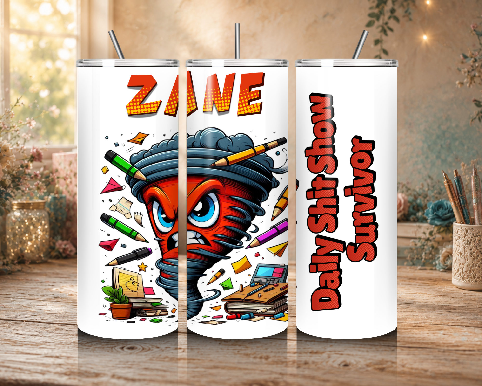 Personalized Daily Shit Show Survivor 20 oz tumbler design featuring the name Zane above an angry cartoon tornado surrounded by school and office supplies.
