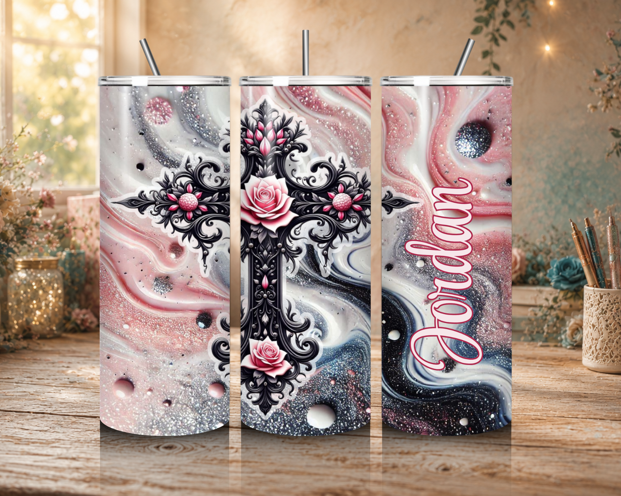 Personalizee Faith in Bloom 20 oz tumbler design featuring an ornate black cross decorated with pink roses over a sparkling pink, silver, white, and black marble backgroundd.