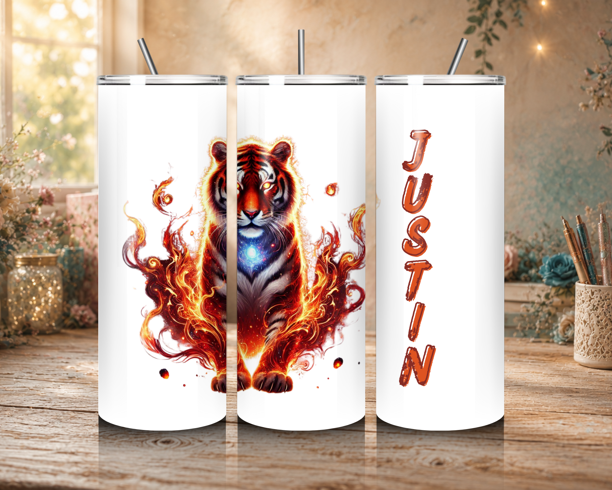 Personalized Inferno Guardian 20 oz tumbler featuring a fiery tiger with glowing eyes, blue celestial energy, and a custom name.