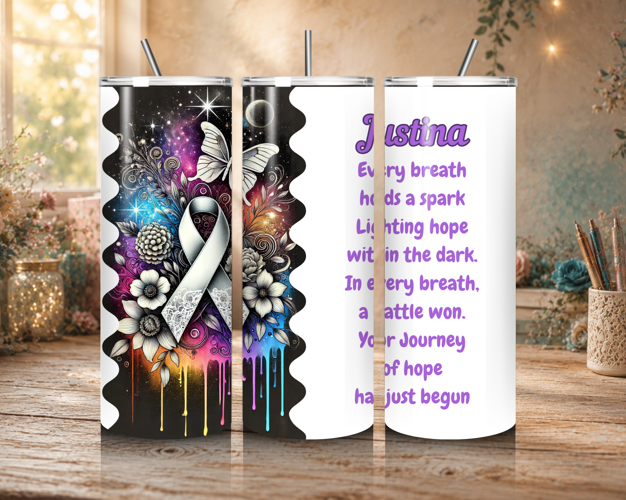 Personalized Journey of Hope Lung Cancer Awareness tumbler featuring a white ribbon, butterfly, colorful floral artwork, inspirational poem, and custom name