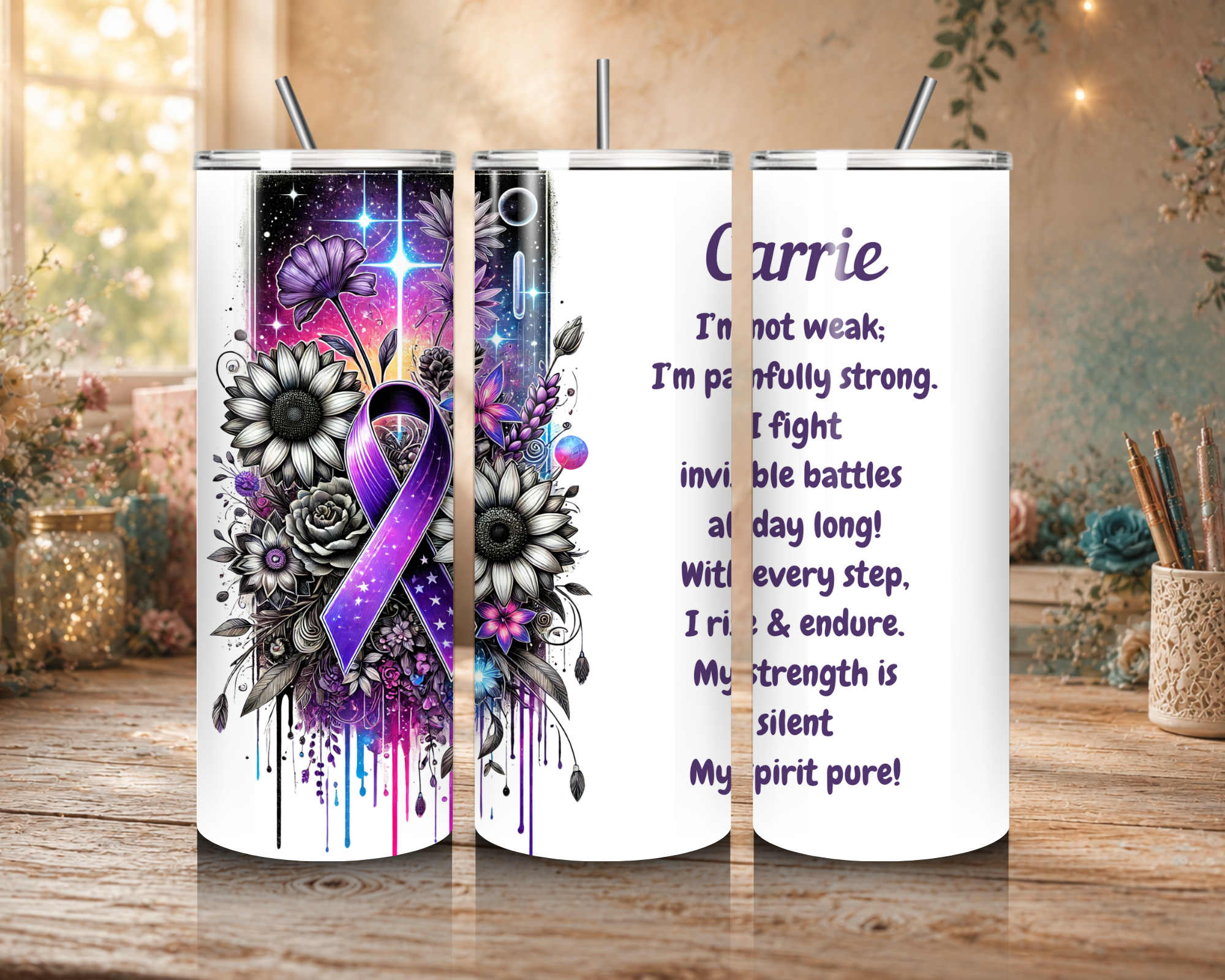 Personalized Silent Strength Fibromyalgia Awareness tumbler featuring a purple ribbon, celestial flowers, an inspirational message, and a custom name.