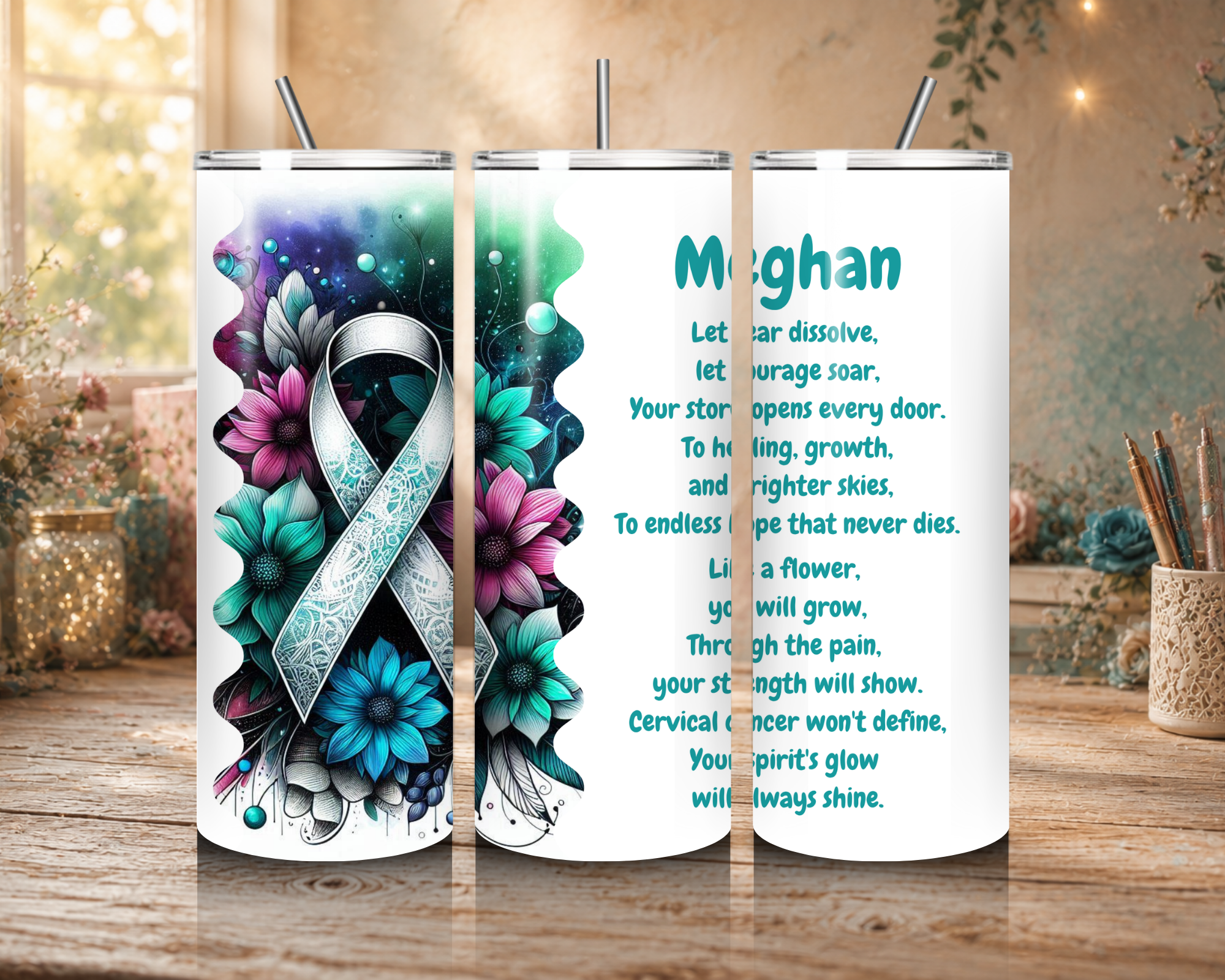 Personalized Strength in Bloom Cervical Cancer Awareness tumbler featuring a teal and white ribbon, floral artwork, an inspirational poem, and a custom name.
