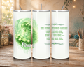 Pisces Goddess 20 oz tumbler featuring a green celestial goddess, crescent moon, flowers, Pisces symbols, and zodiac affirmation.