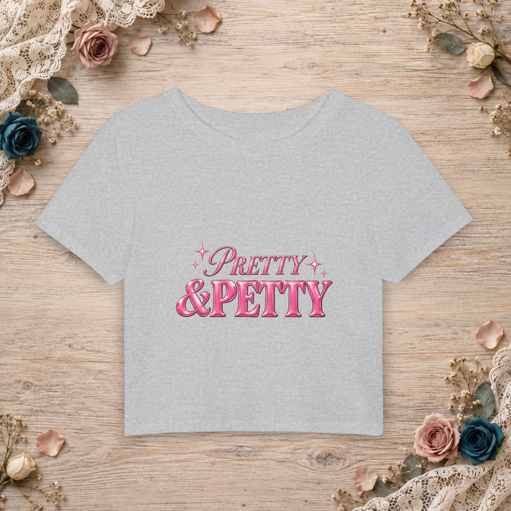 Athletic Heather women’s micro baby tee with glossy pink Pretty and Petty typography
