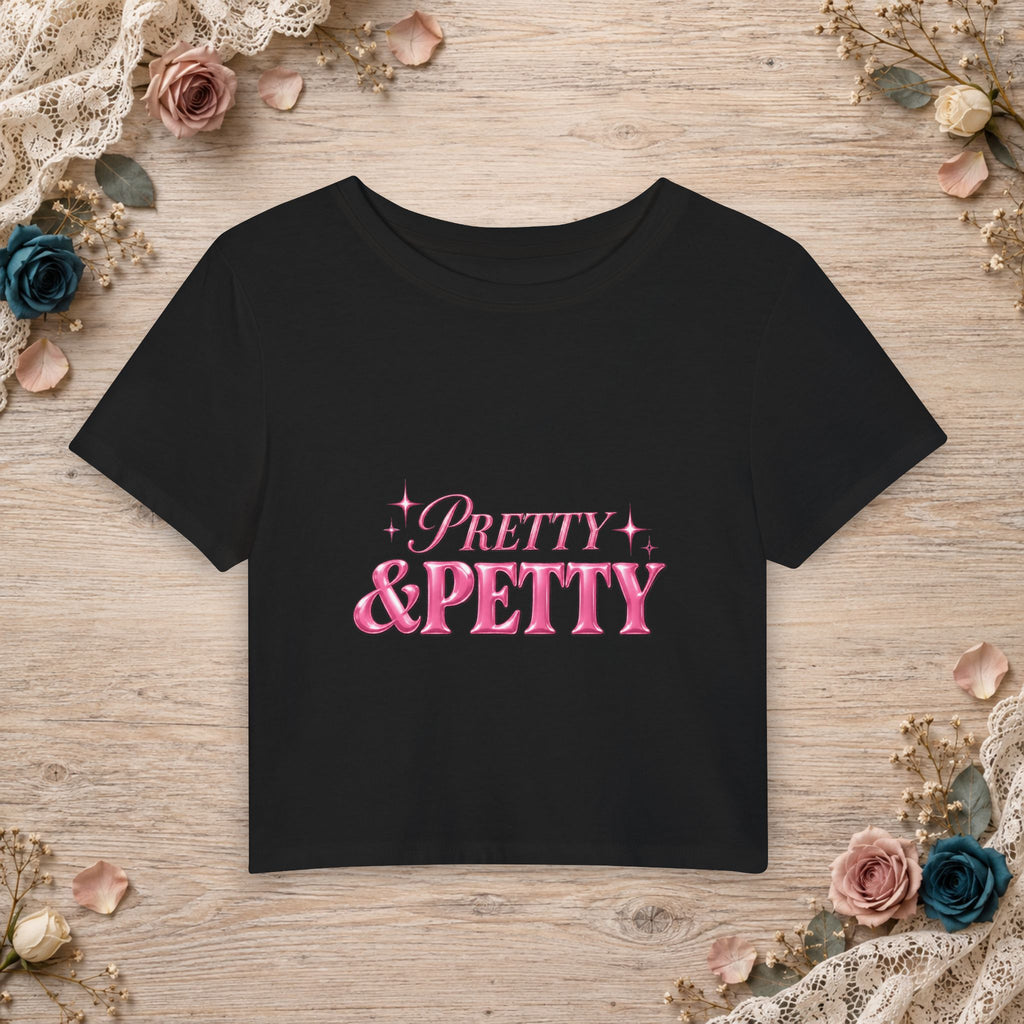 Black Caviar women’s micro baby tee with glossy pink Pretty and Petty typography