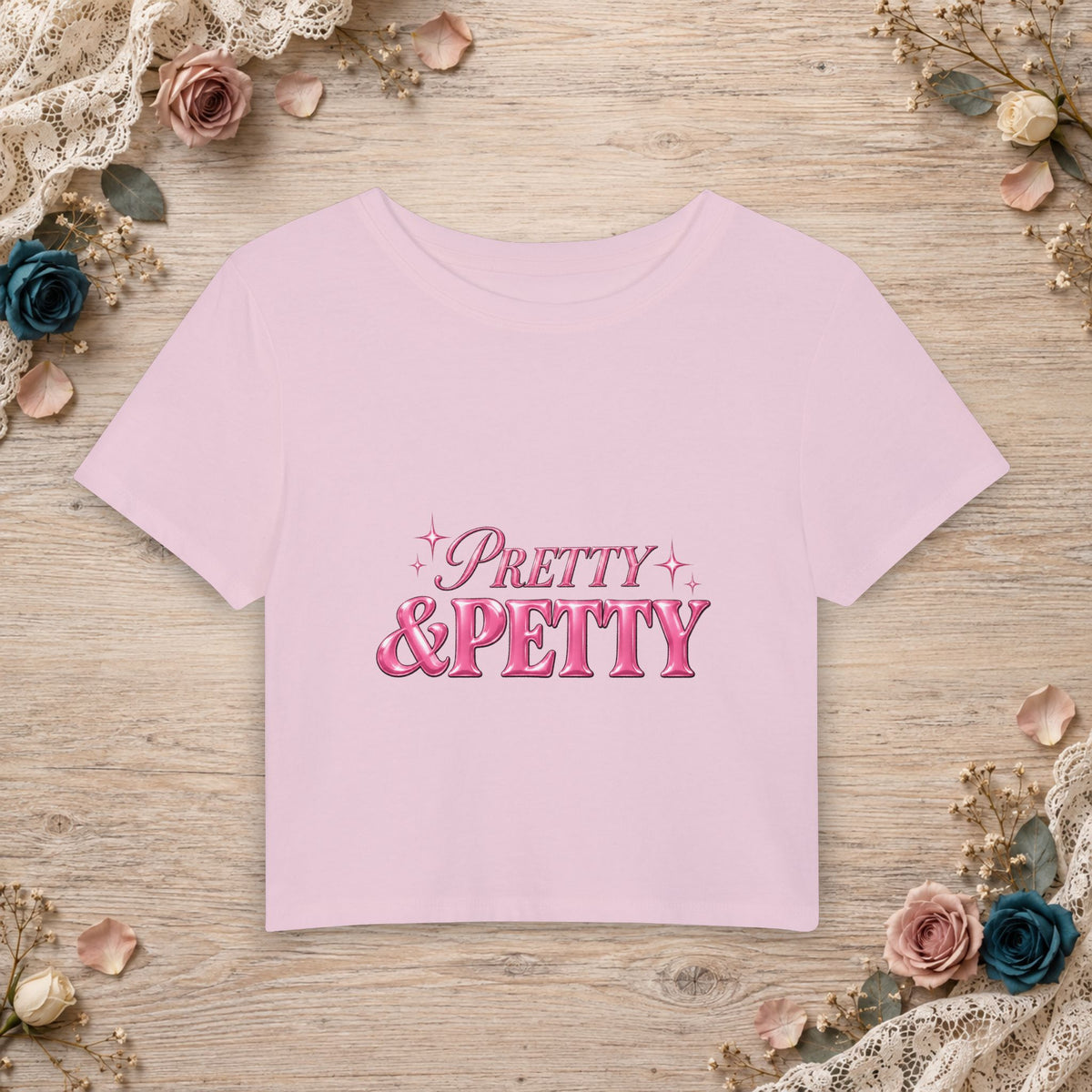 Cherry Blossom women’s micro baby tee with glossy pink Pretty and Petty typography