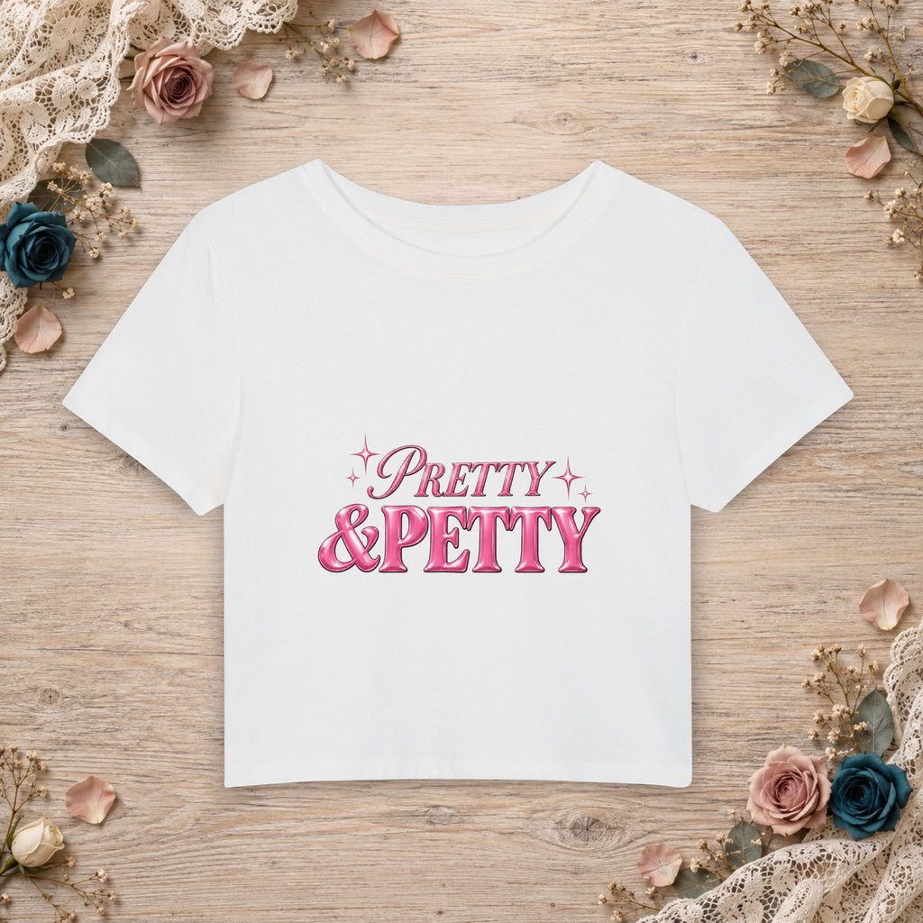 White Cloud Dancer women’s micro baby tee with glossy pink Pretty and Petty typography