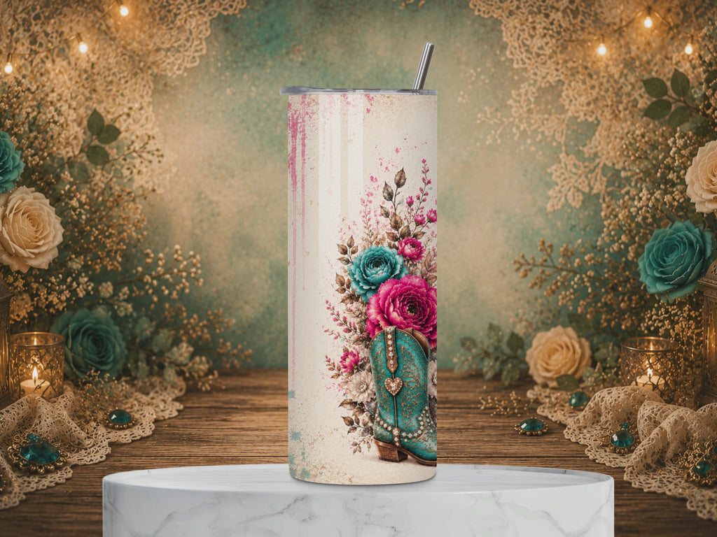 video of Not Your Good Girl 20 oz tumbler featuring turquoise cowgirl boots, pink and teal flowers, and the quote “I’m My Own Damn Woman.”