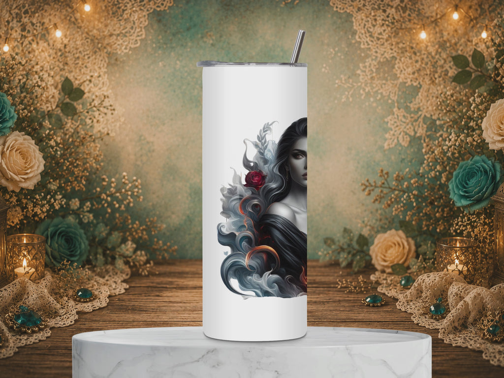 Femme Fatale 20 oz tumbler design featuring a grayscale dark-haired woman surrounded by red roses, flames, smoky swirls, and a dark warning quote.
