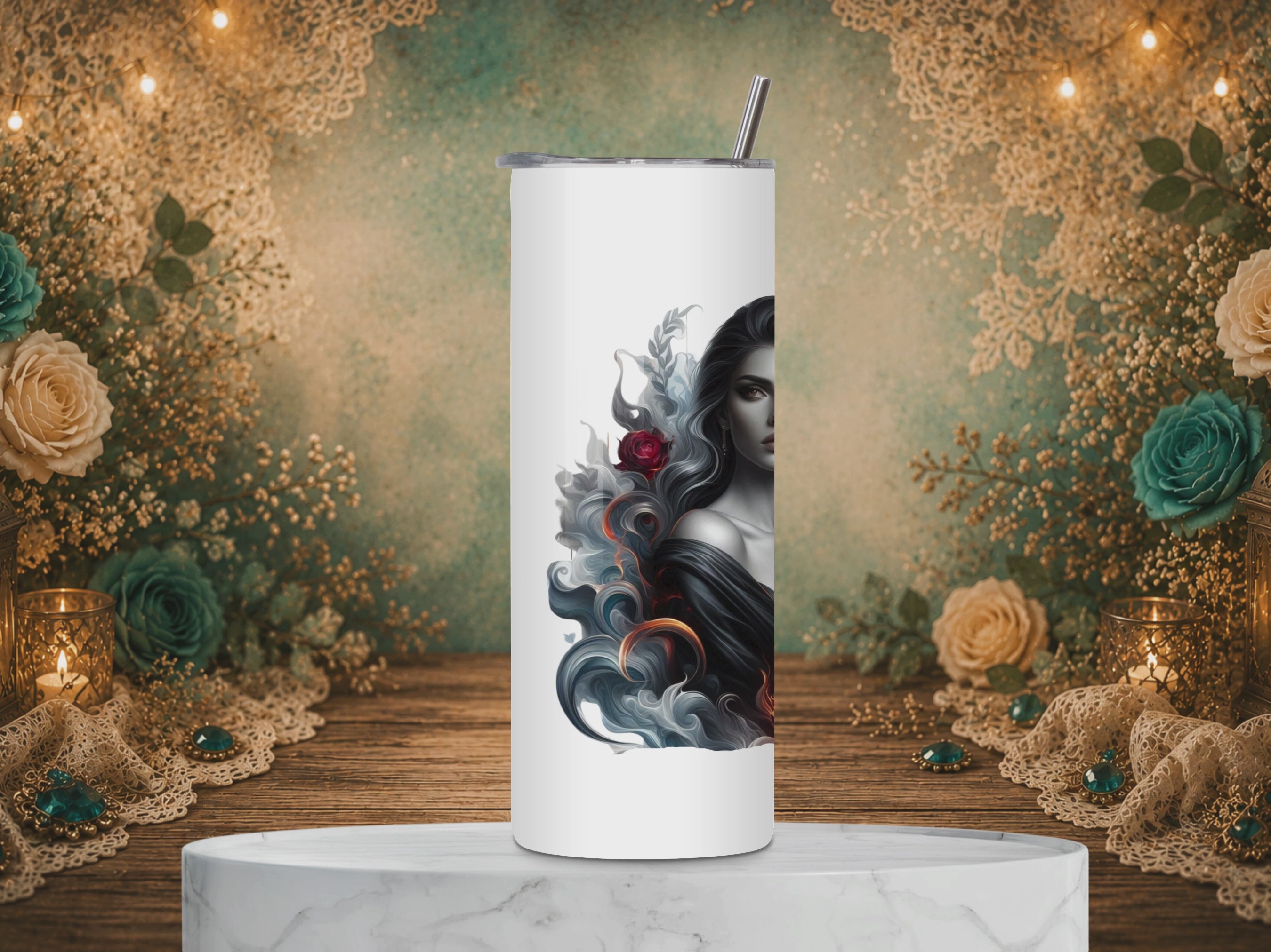 Femme Fatale 20 oz tumbler design featuring a grayscale dark-haired woman surrounded by red roses, flames, smoky swirls, and a dark warning quote.
