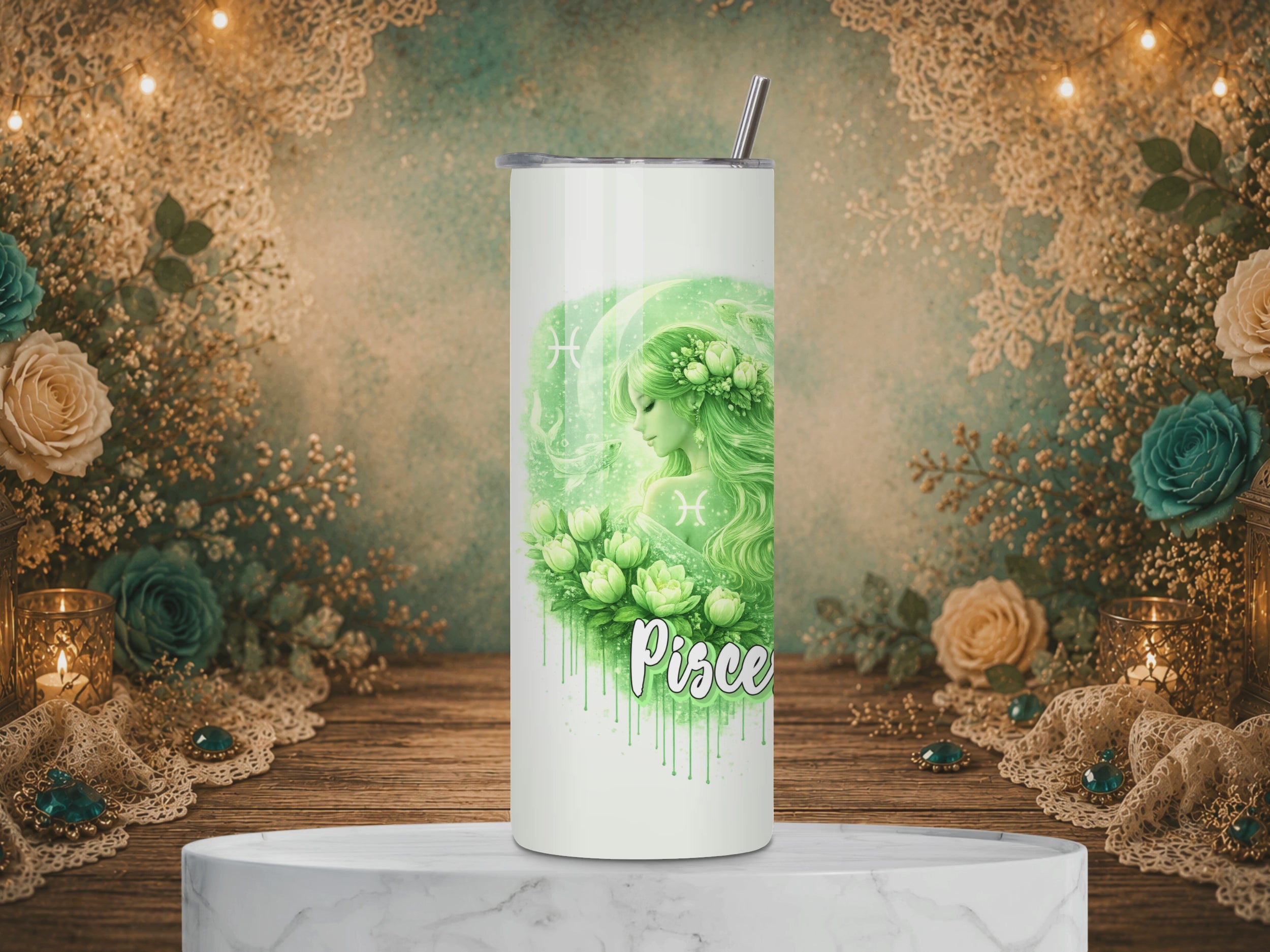 video of a Pisces Goddess 20 oz tumbler featuring a green celestial goddess, crescent moon, flowers, Pisces symbols, and zodiac affirmation.